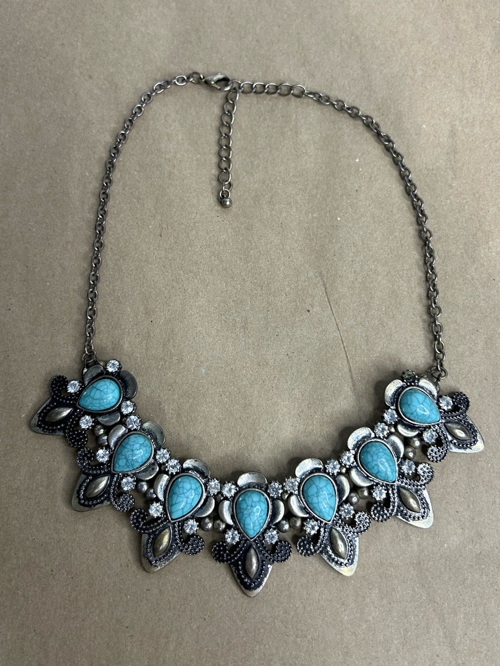 Down To Earth Faux Turquoise Stone Burnished Silver Necklace